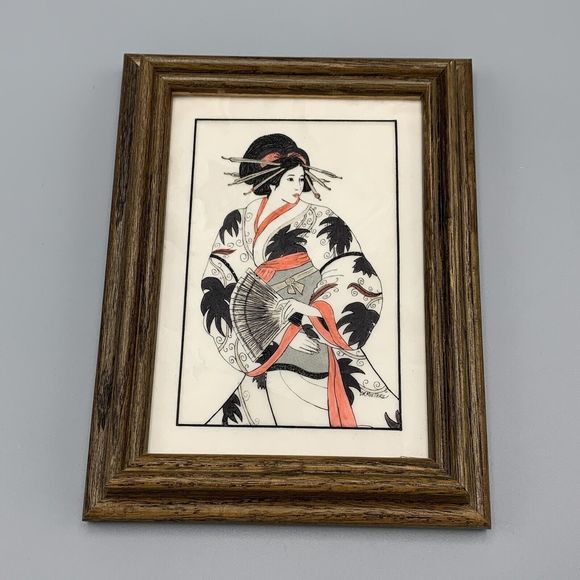 Framed Geisha Girl in Kimono Robe Fan Etched Art D R Mueller Signed Faux Marble - Picture 1 of 14